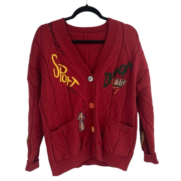 Embroidered Cable Knit Red Patchwork Chunky Cardigan 90s Sporty Grandpa Large - Picture 3 of 15